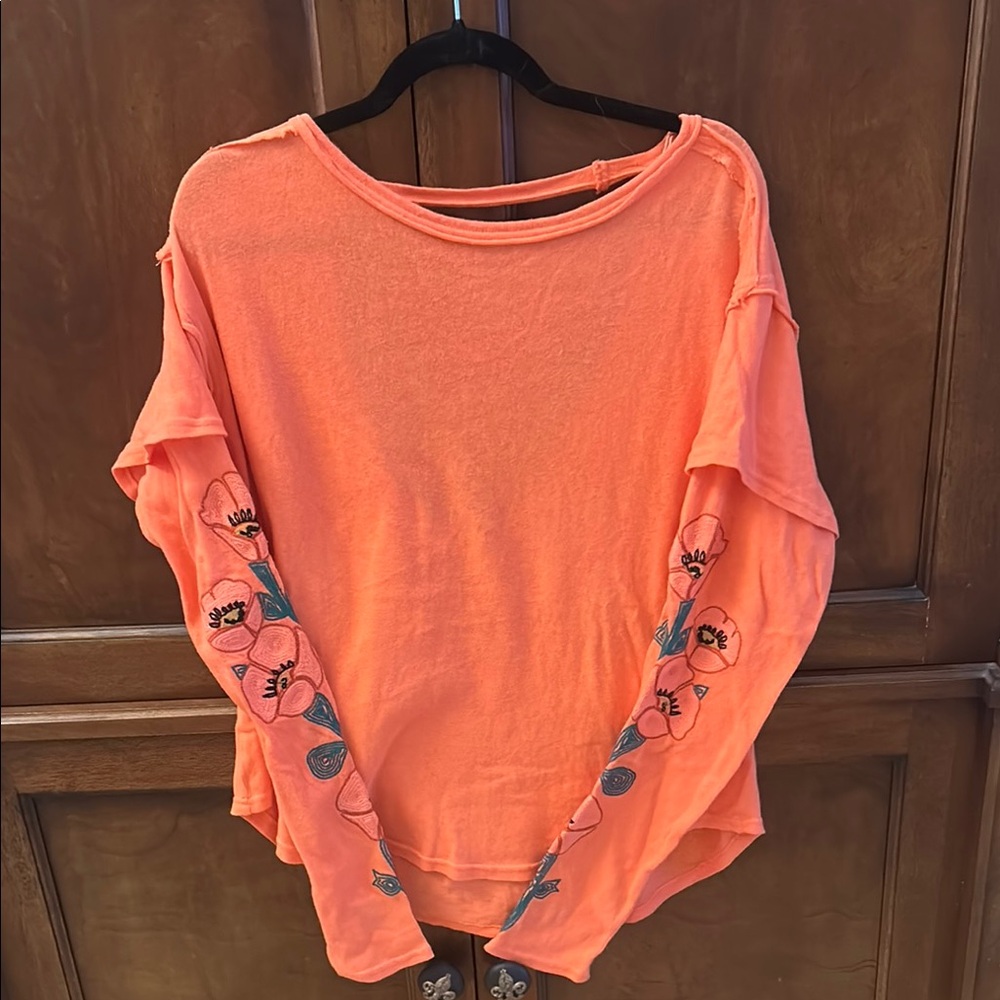 Free People Floral Sleeve Orange Women's Long Sleeve Top